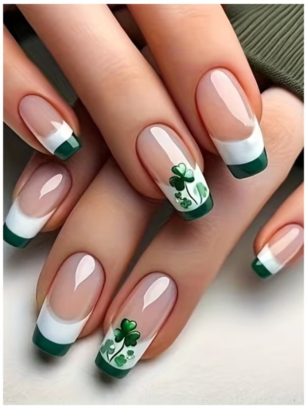 NWT 24pc St Patrick's Day Press On Nails Green Square French Tip Shamrock Art